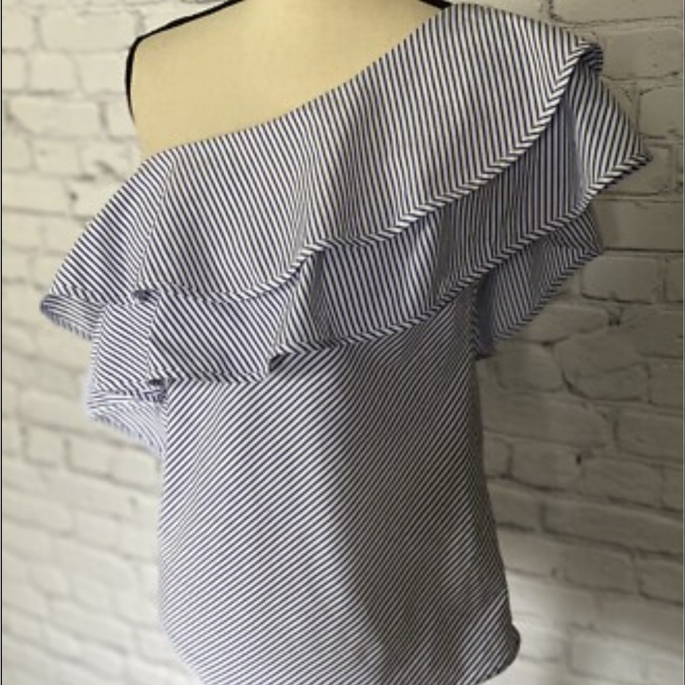 White House Black Market Blue Striped Ruffle Blouse